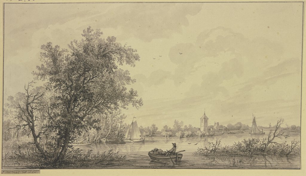 An einem von Bäumen begrenzten Fluß ein Dorf mit Turm, mehrere Segel- und Ruderboote, Jakob Versteegs