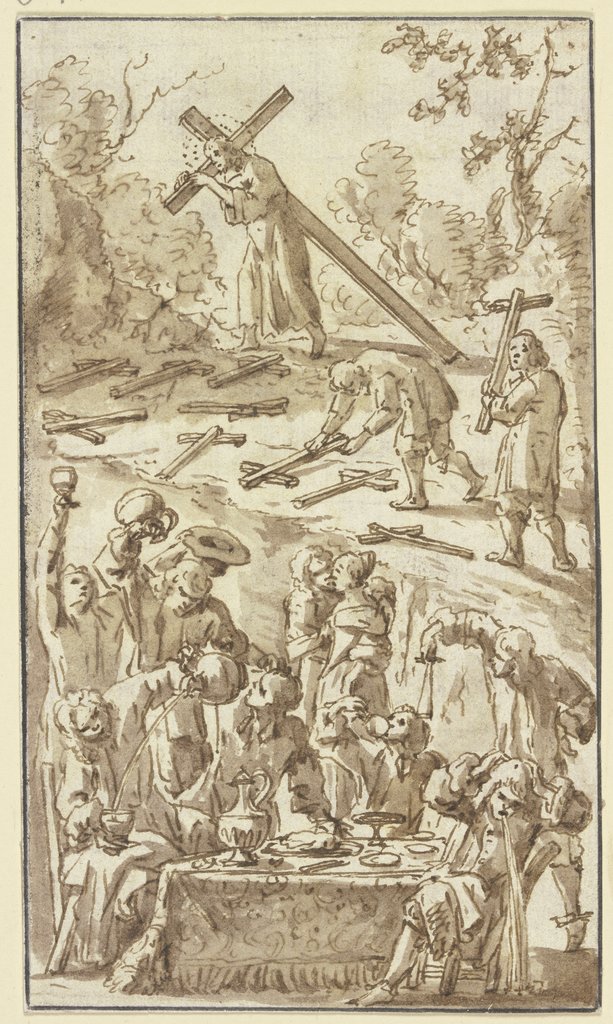 Allegorie, oben Christus das Kreuz tragend, unten ein Trinkgelage, Niederländisch, 18. Jahrhundert