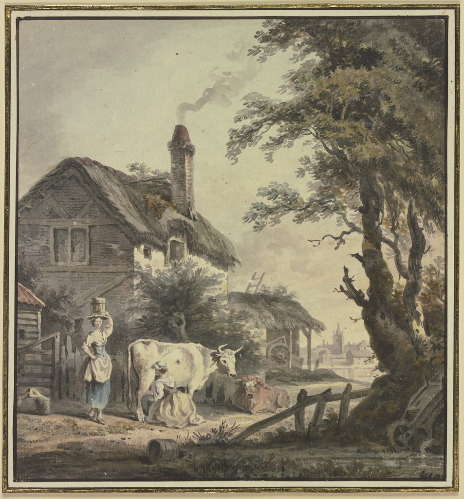 Frau mit Kühen vor einem Bauernhaus, Niederländisch, 18. Jahrhundert