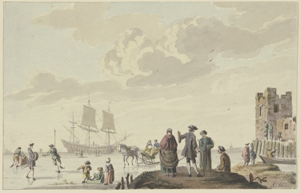Marine mit Schlittschuhläufern, Niederländisch, 18. Jahrhundert