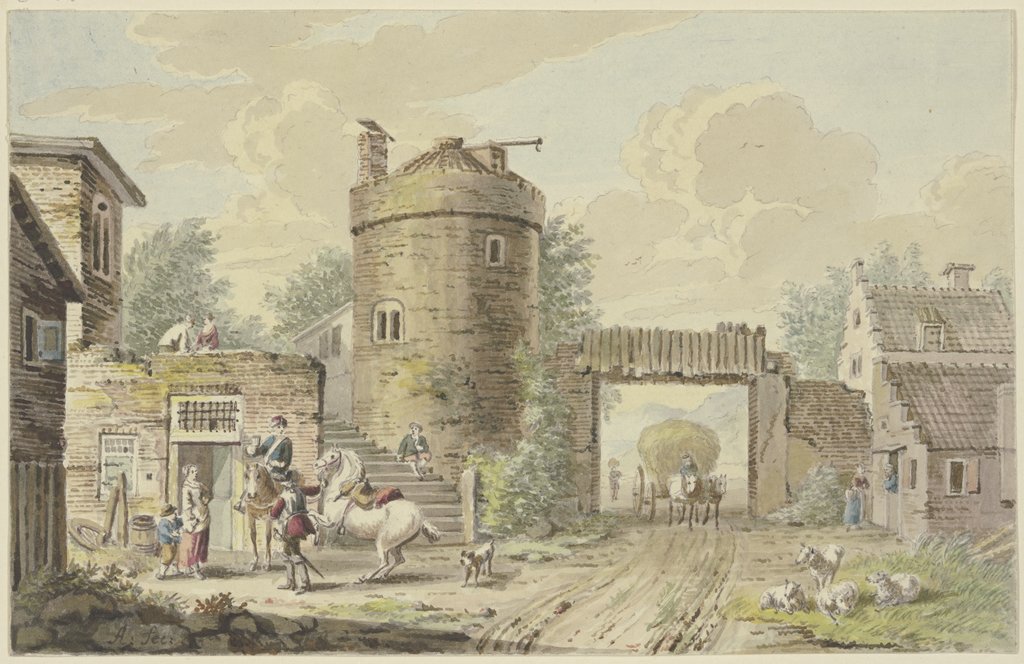 Halt von Reitern bei einem alten Turm, Niederländisch, 18. Jahrhundert