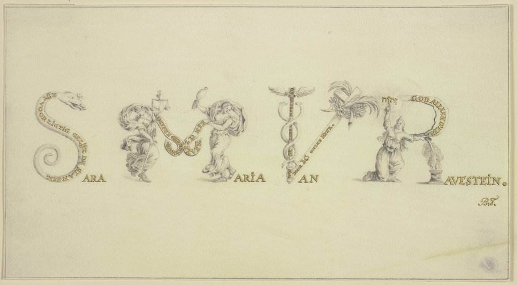 Schriftzug des Namens der Dichterin Sara Maria van Ravestein, die Initialen als allegorische Figuren ausgeführt, Niederländisch, 18. Jahrhundert