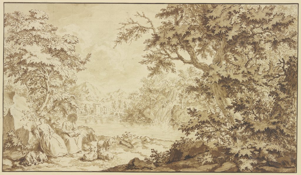 Schäferinnen in einer Landschaft mit Wasserfall, von einem hinter einem Baum verborgenen Jüngling beobachtet, Netherlandish, 18th century