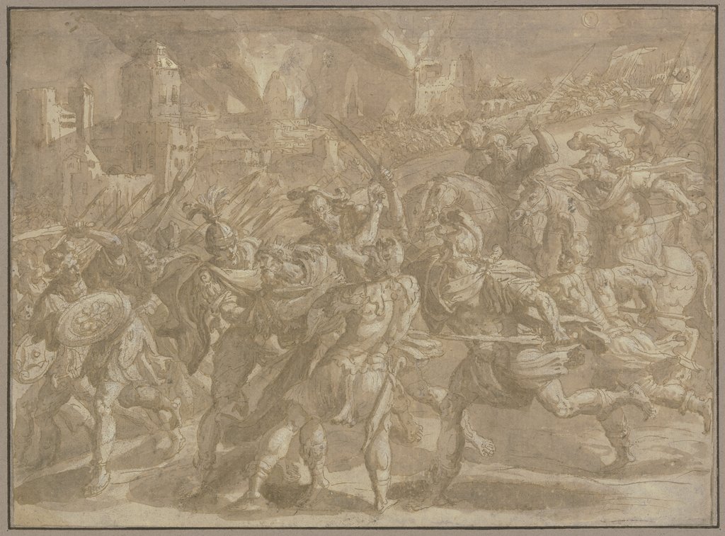 Nächtliches Schlachtgeschehen vor den Toren einer belagerten Stadt in Flammen, Maarten de Vos