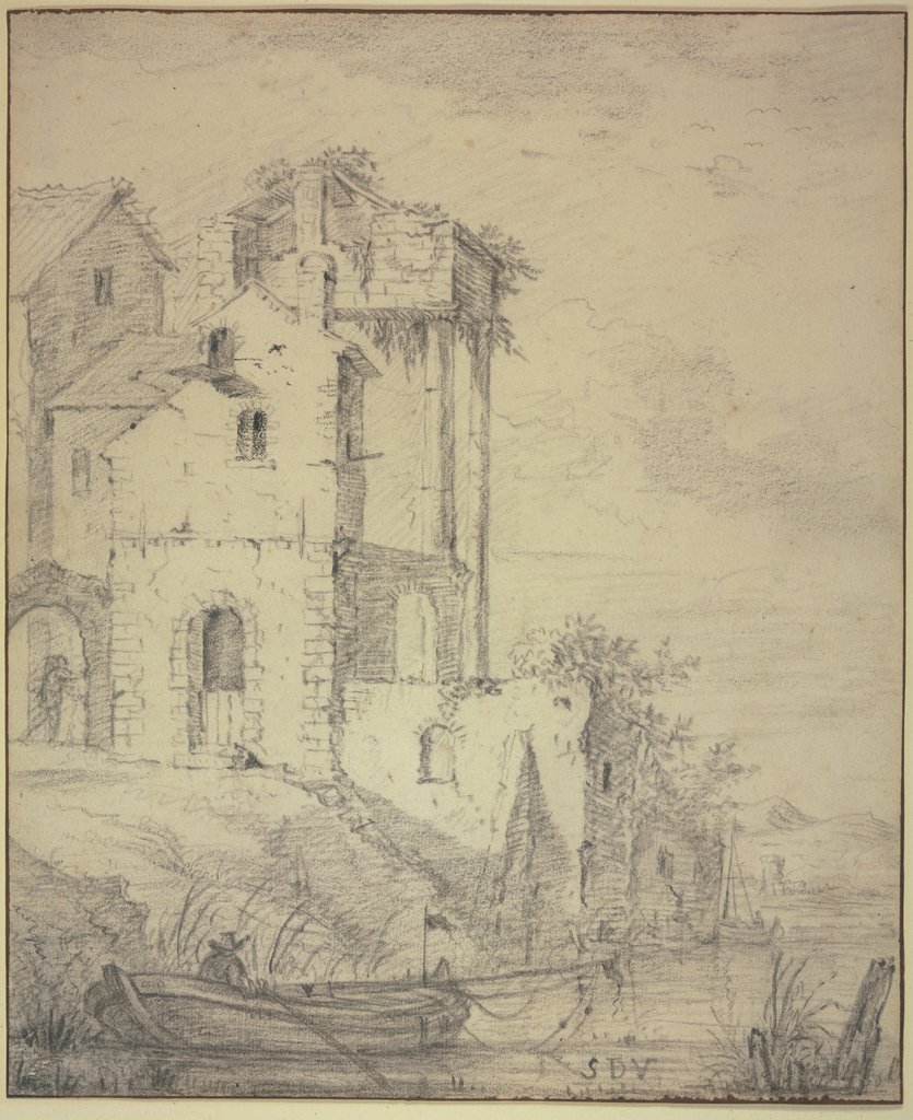 Ruinen am Wasser, vorn ein Kahn mit einem Ruderer, Simon de Vlieger