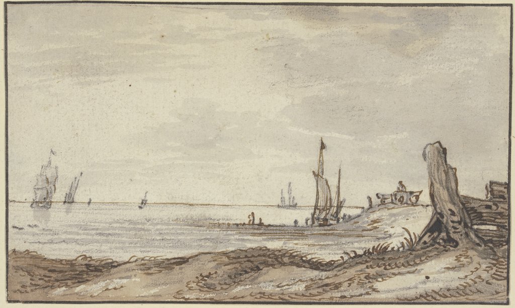 Meeresstrand mit ruhiger See, rechts im Mittelgrunde hält ein Wagen, sieben Segel in Sicht, Simon de Vlieger