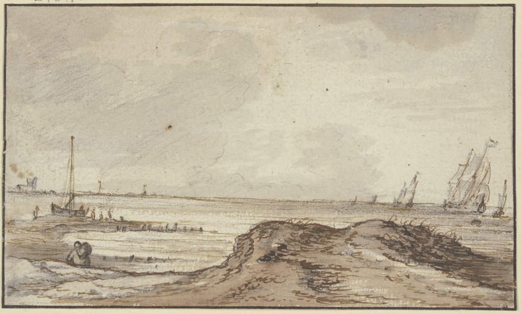 Meeresstrand, rechts fünf nach rechts segelnde Schiffe, Simon de Vlieger