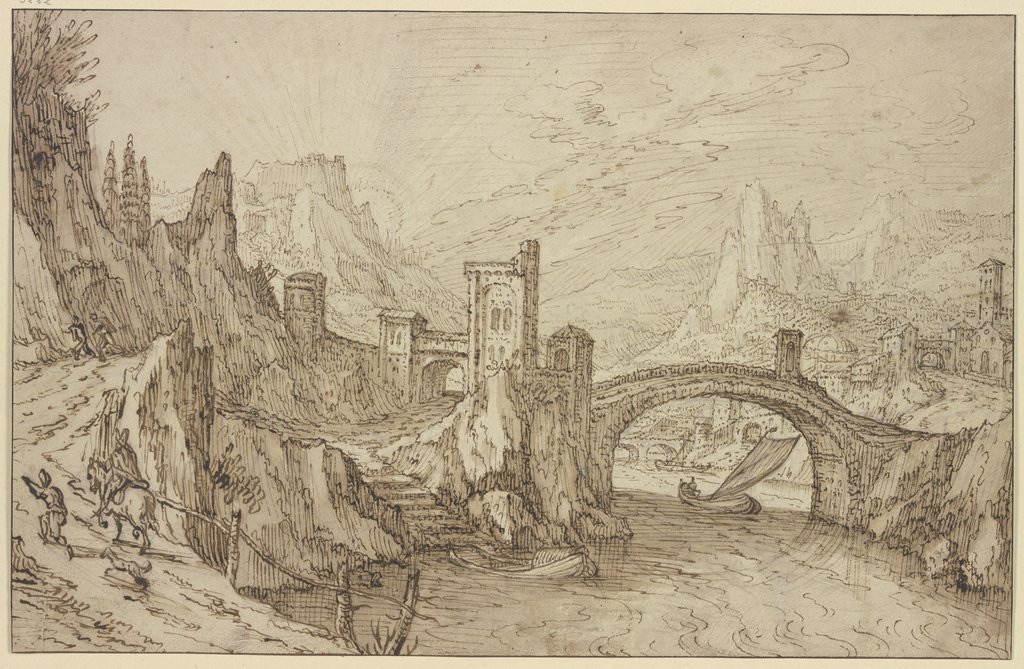 Felsiges Flußtal, im Vordergrund eine Bogenbrücke, rechts eine Stadt, Tobias Verhaecht