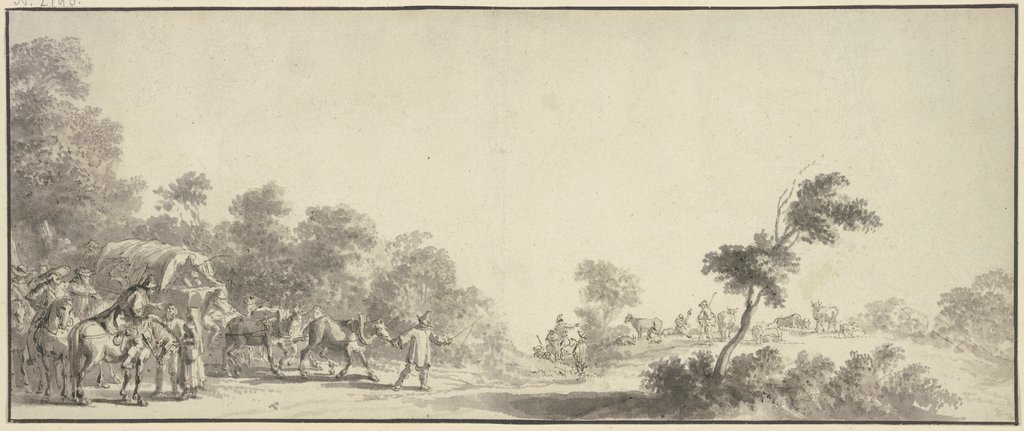 Links am Ausgang des Waldes ein Reisewagen mit drei Pferden, umgeben von vielen Reitern, rechts Hirten mit Herde, Jan van de Velde II