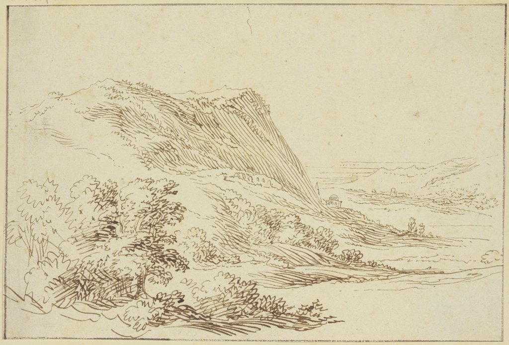 Landschaft, links ein Berg und Sträucher, rechts ein Tal im Hintergrund, Vincent van der Vinne