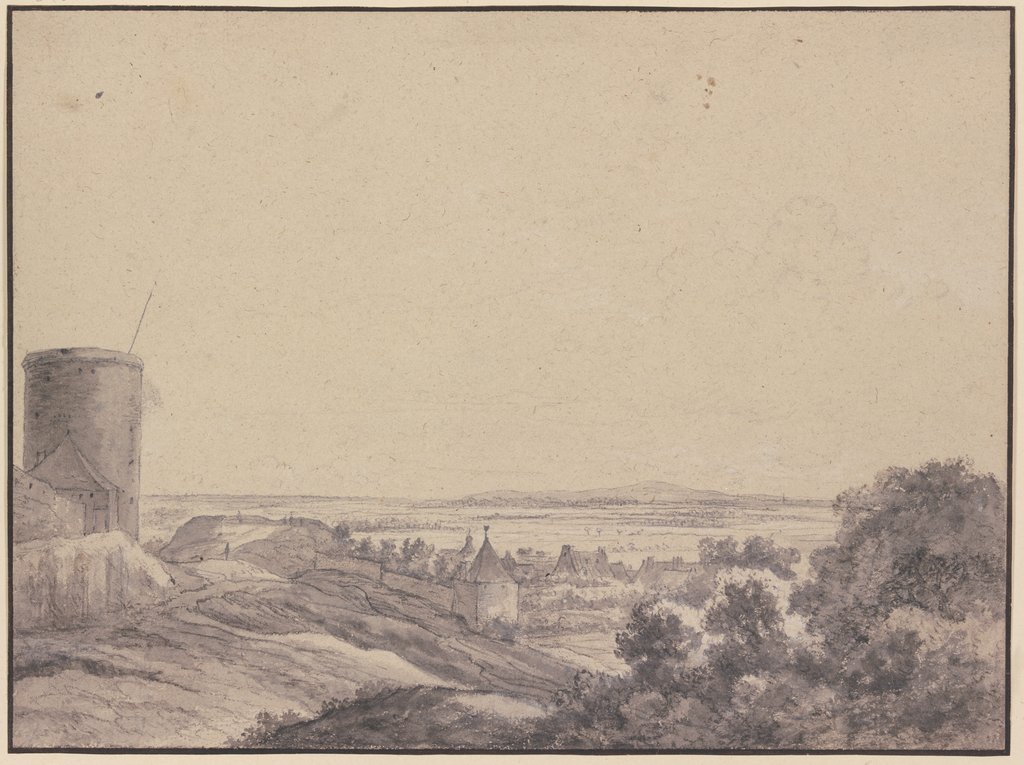 Landschaft, links ein Turm, einige Mauern und Häuser, rechts Gebüsch, Fernsicht, Anthonie Waterloo