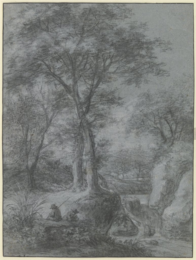 Wasserfall unter Bäumen, links zwei Figuren, Anthonie Waterloo
