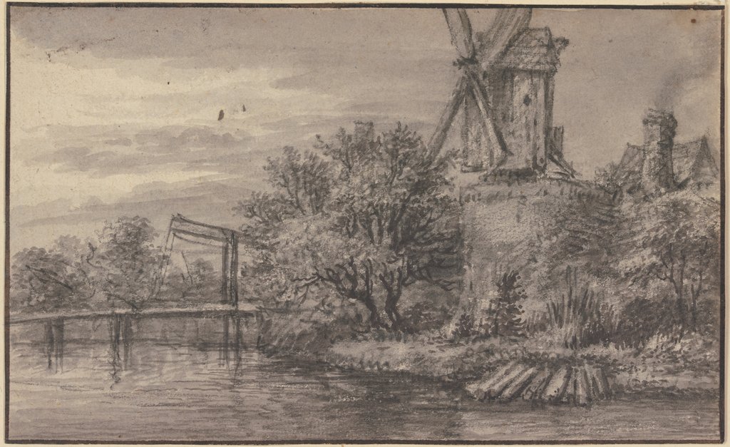 Windmühle an einem Kanal, über welchen eine Zugbrücke führt, Anthonie Waterloo