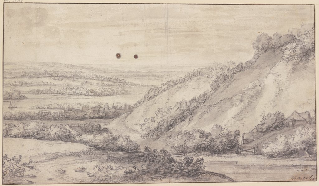 Rechts ein Bergabhang mit mehreren Gebäuden, in der Ferne ein Fluß, viele Ortschaften im Gebüsch, Anthonie Waterloo