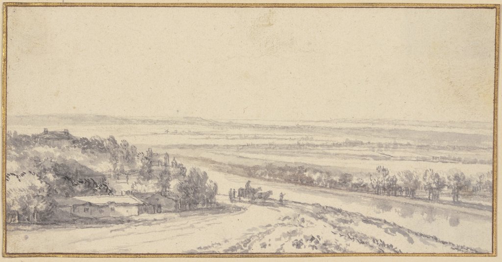 Landschaft mit einem Fluß, links Gebäude unter Bäumen, auf der Landstraße ein Wagen und einige Figuren, Anthonie Waterloo