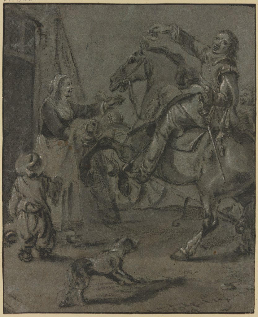 Reiter mit einer Schelle(?) in der Rechten, auf einem sich aufbäumendem Pferd sitzend, vor ihm seine ihn begrüßend aus dem Haus tretende Frau, dabei ein Kind in Rückansicht, Pieter van Laer