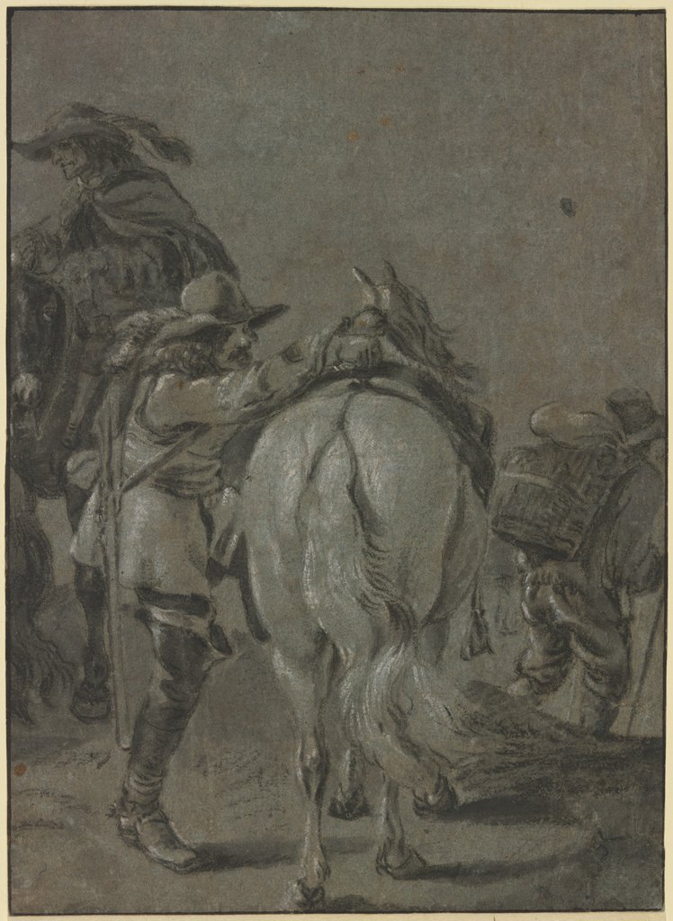 Aufsteigender Reiter, eine Flinte auf dem Rücken, dabei ein anderer Reiter und ein Mann, der einen Korb auf dem Rücken trägt, Pieter van Laer