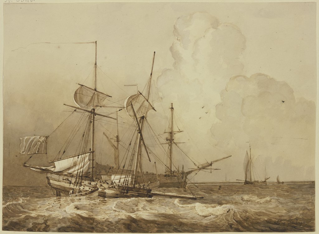 Bewegte See, ein zweimastiges Schiff segelt nach rechts an einem Dreimaster vorbei, der die Segel eingerefft hat, Leendert de Koningh