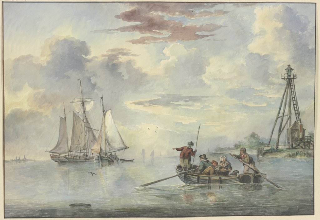 Ruhige See, die Sonne geht auf, im Vordergrund steuert ein Boot mit mehreren Personen zwei Schiffen zu, rechts am Ufer die Laterne, Leendert de Koningh