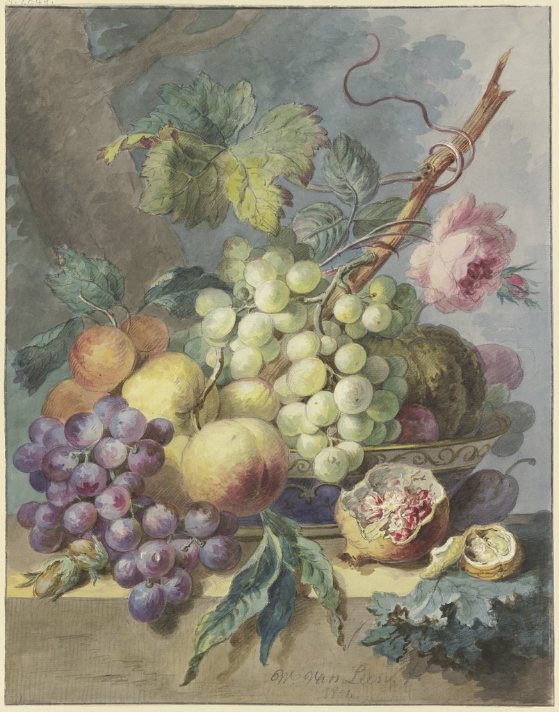 Fruchtstück mit Trauben, Pfirsichen usw., dabei eine Rose, Willem van Leen