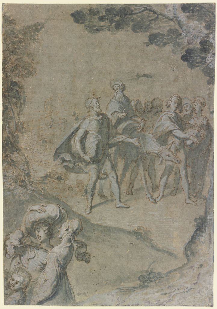 Ein bärtiger Mann auf einem Esel reitend, umgeben von Gepäck tragenden Wanderern, Ludovico Cardi da Cigoli;   ?