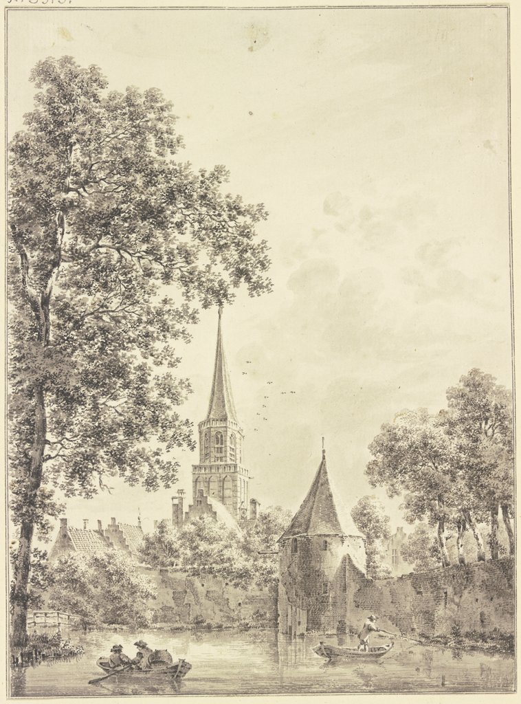 Wassergraben an der Stadtmauer mit einem runden Turm, hinten die Kirche, auf demselben zwei Kähne, Pieter van Liender