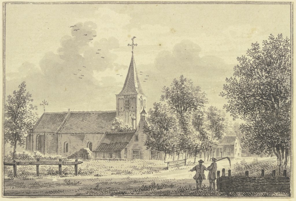 Kirche an der Landstrasse, rechts zwei Männer, der eine trägt eine Sense, Pieter van Liender