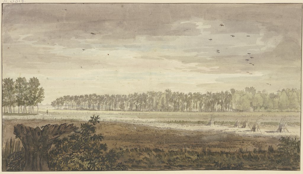 Landschaft, im Hintergrunde ein langes Wäldchen, vorne Felder mit einigen Fruchtgarben, Jacobus van Liender