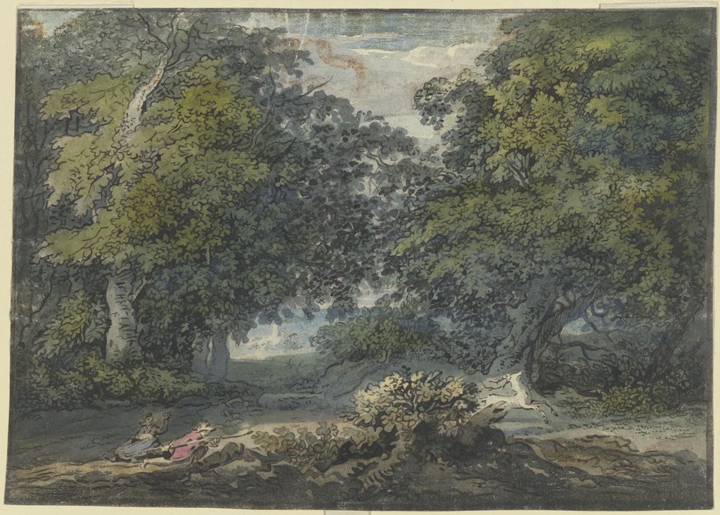 Waldlandschaft, ein Mann jagt einen weißen Hirschen, bei ihm sitzt eine Frau, Jacobus van Liender