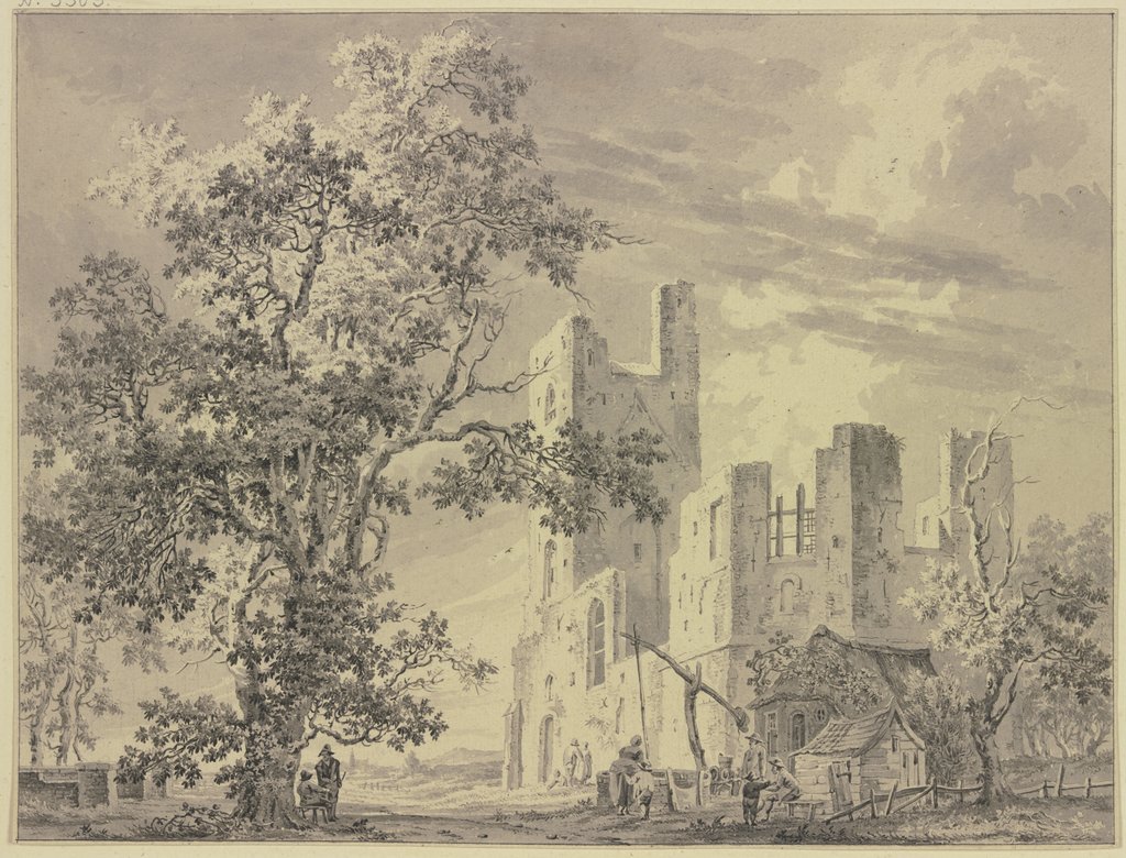 Rechts eine Ruine, dabei ein Ziehbrunnen, Paulus van Liender