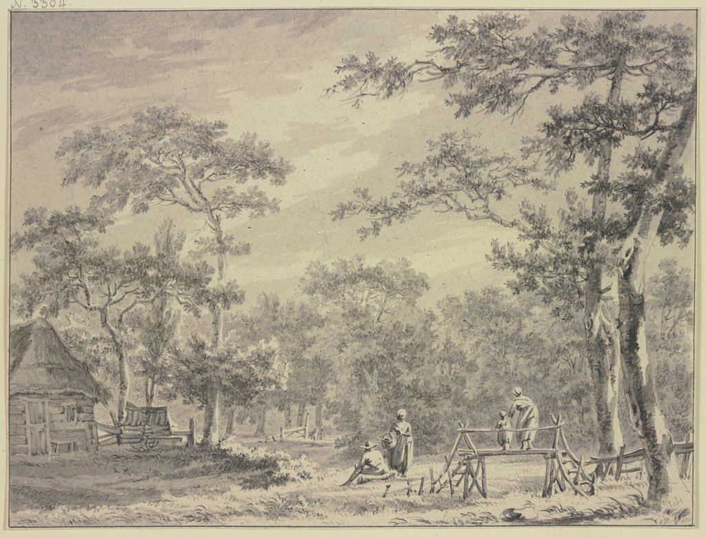 Waldlandschaft, links ein Haus, rechts ein Steg über welchem eine Frau ein Kind führt, Paulus van Liender