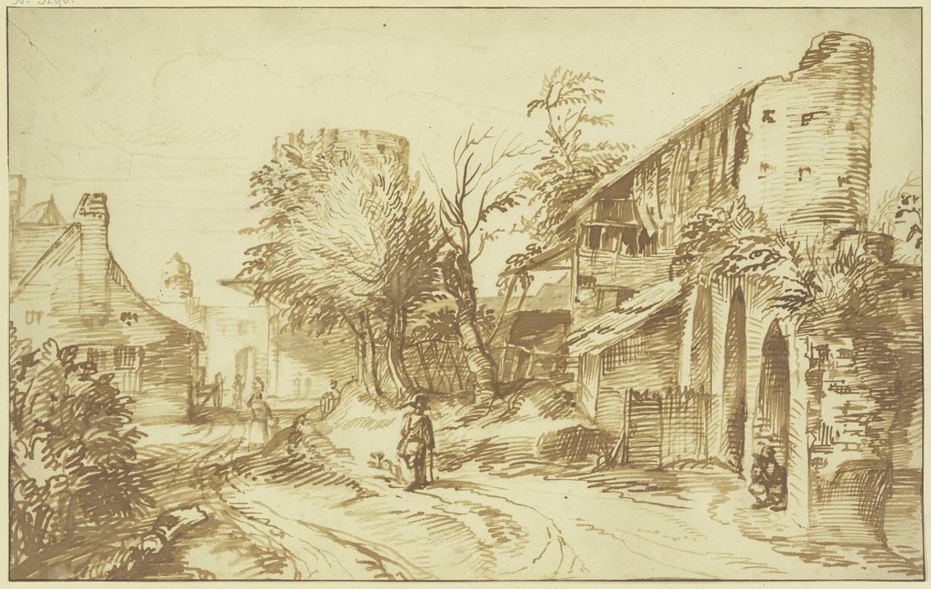 Dorfansicht, rechts eine alte Stadtmauer, Jan Lievens