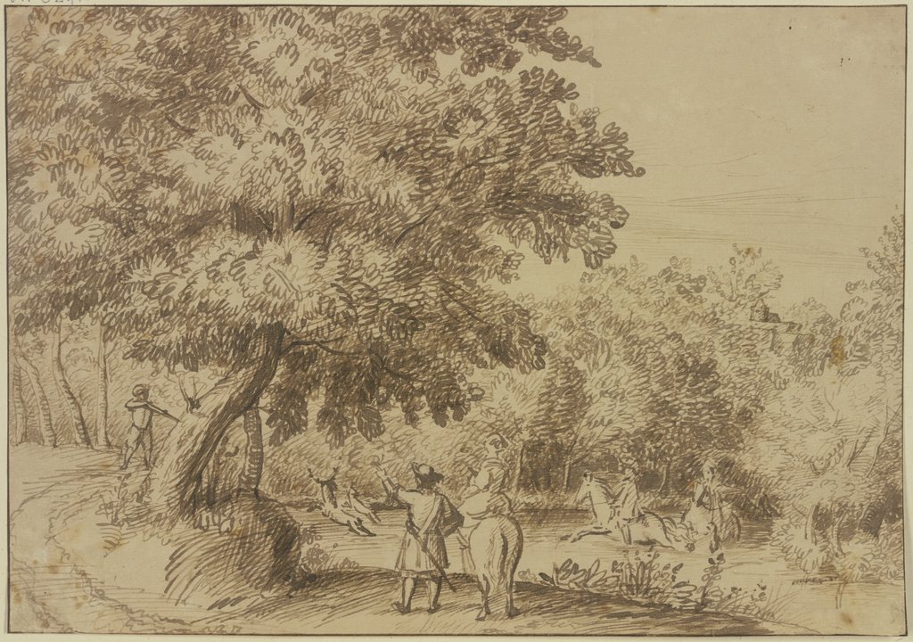 Waldpartie, zwei Reiter sprengen einen Hirsch durchs Wasser, eine Dame zu Pferde sieht zu, Jan Lievens