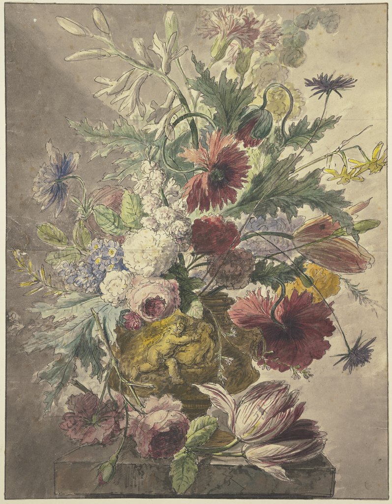 Blumenstrauß in einer Vase mit Basrelief, vorne liegt eine Rose und eine Tulpe, J. H. van Loon