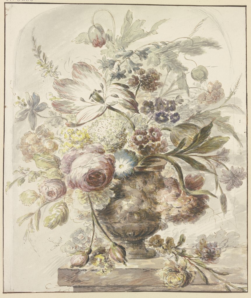 Blumenstrauß in einer Vase mit Basrelief, links hängen zwei Rosenknospen herab, J. H. van Loon