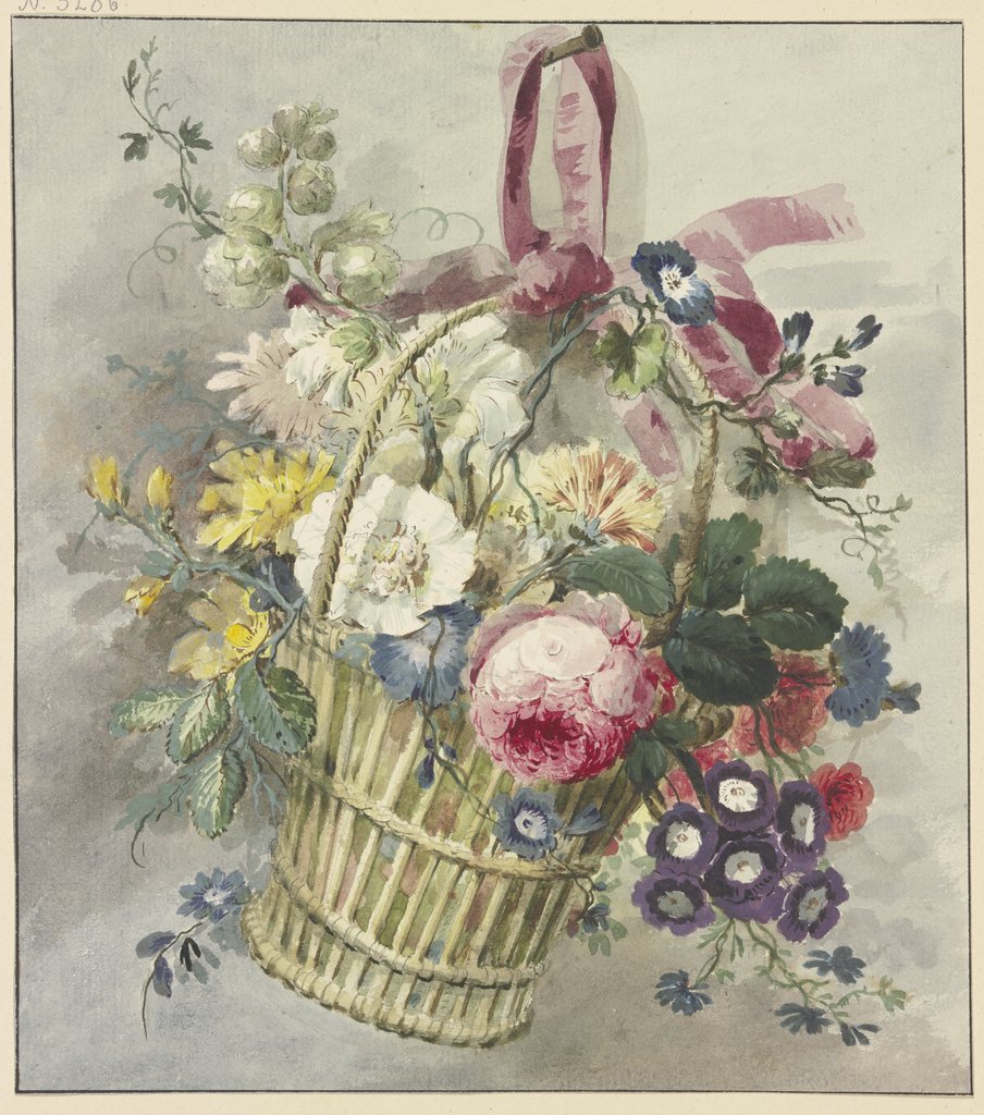 Blumenstrauß in einem aufgehängten Körbchen, J. H. van Loon