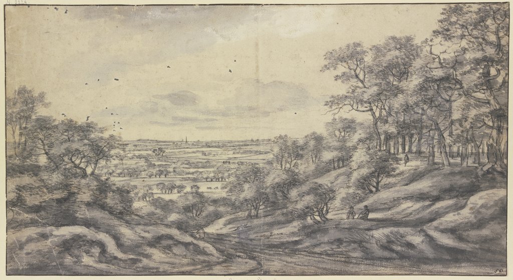 Rechts ein Bergabhang mit Wald und drei Figuren, links eine Erhöhung mit Gestrüpp, im Hintergrund weite Ferne mit spitzem Kirchturm, Anthonie Waterloo;   ?