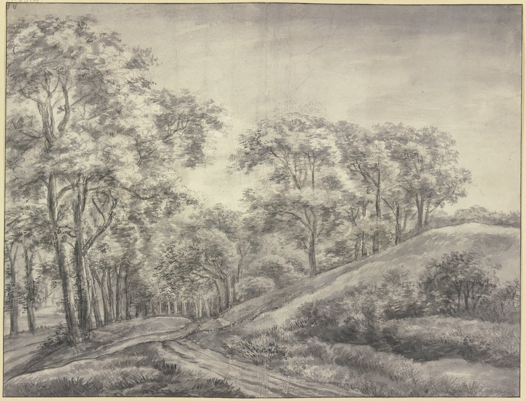 Waldpartie, ein Weg schlängelt sich an einem rechts liegenden baumlosen Hügel vorbei in einen Laubwald hinein, links im Hintergrund einige Hütten, Anthonie Waterloo