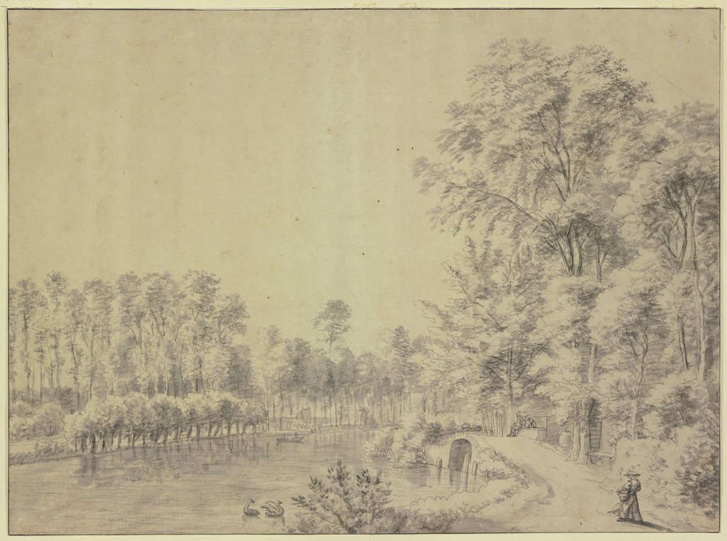 Ein Teich mit Bäumen eingefasst, rechts bei einer Brücke auf einer Ruhebank sitzt ein Mann mit einem Hund, Anthonie Waterloo