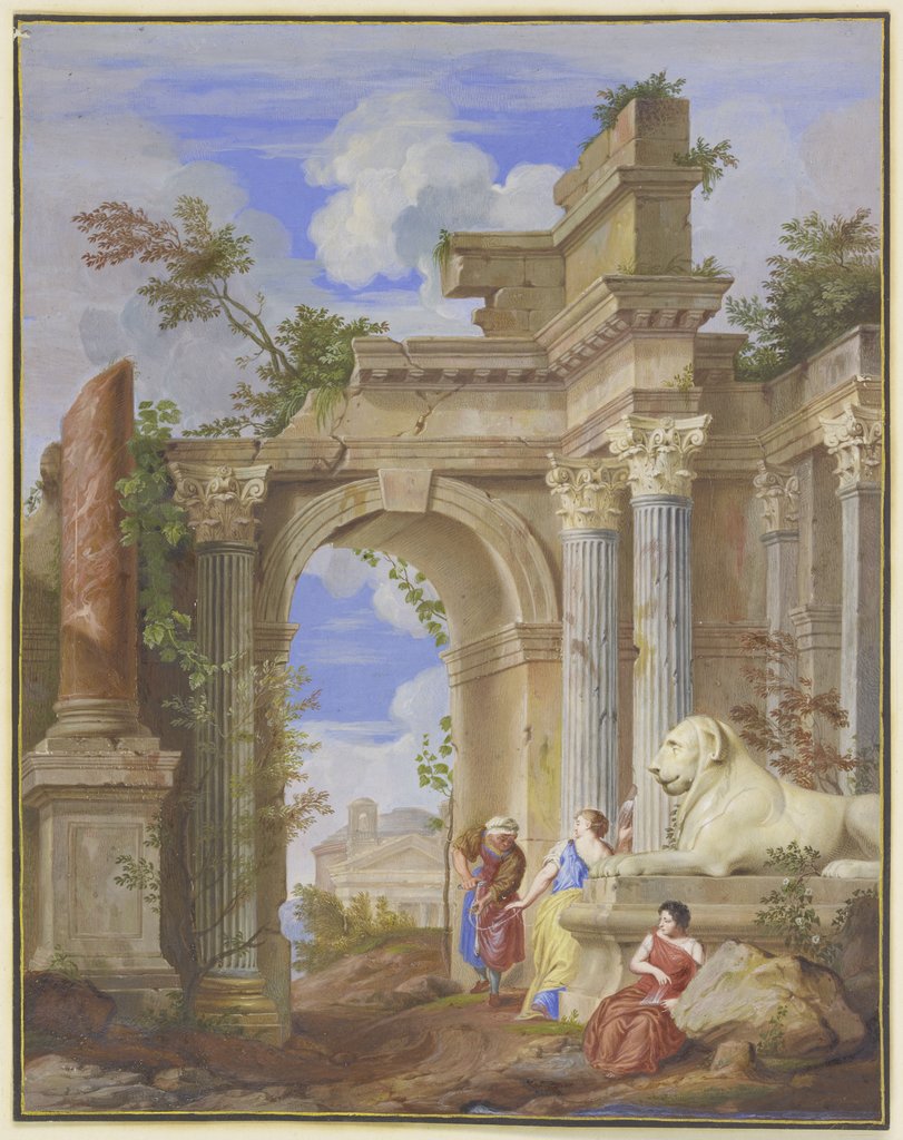 In den Ruinen römischer Architektur die drei Parzen, rechts ein Löwe aus Marmor, Jan Baptist Weenix