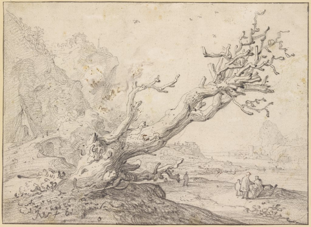 Alter dürrer Baum querüber nach rechts hängend, im Hintergrund eine Flußgegend mit mehreren Figuren, Jan Weenix