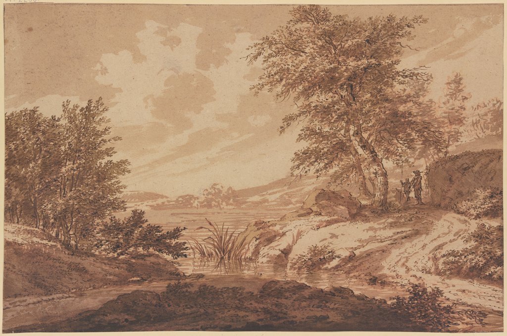 Landschaft mit einem Fluss, rechts ein Felsstück unter Bäumen, dabei ein Mann mit einem Knaben, der eine Lanze hält, Jan Wils