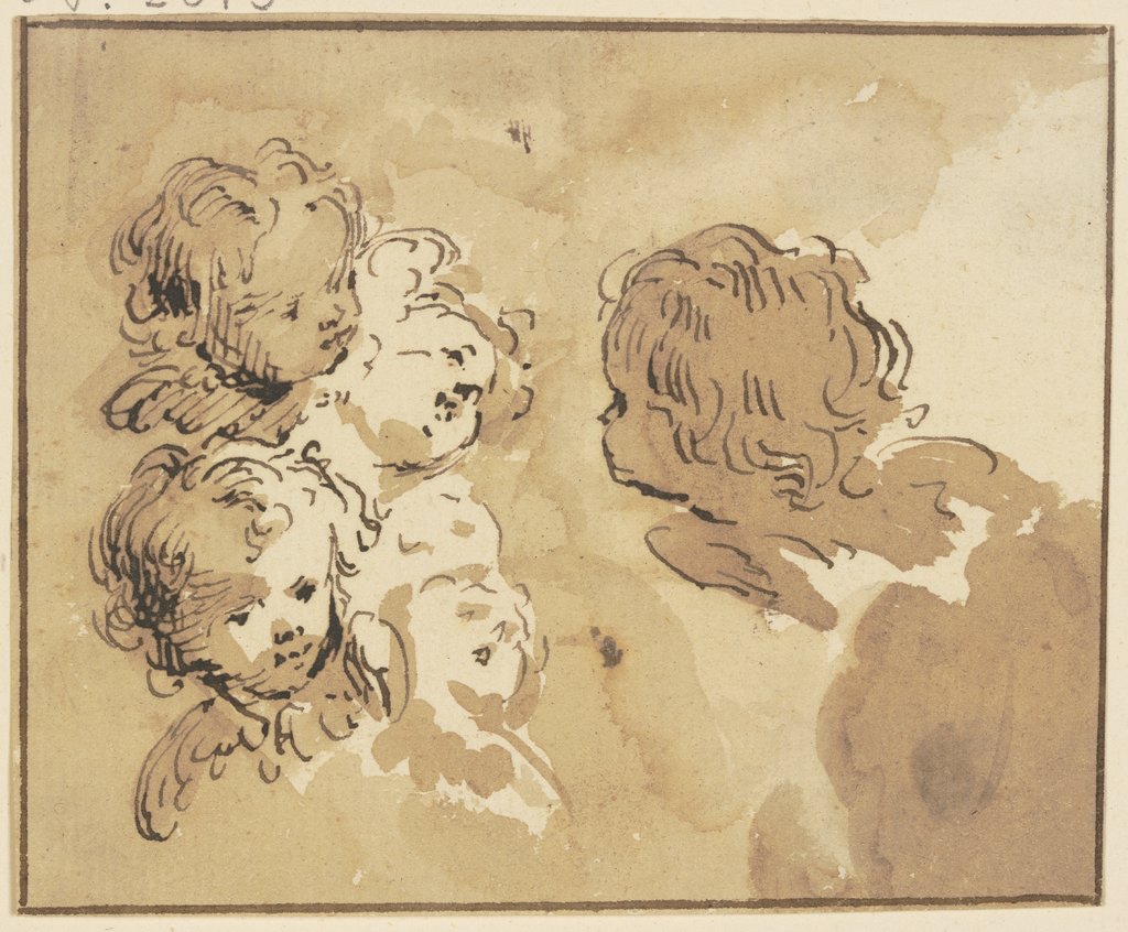 Five angel heads in clouds, Jacob de Wit