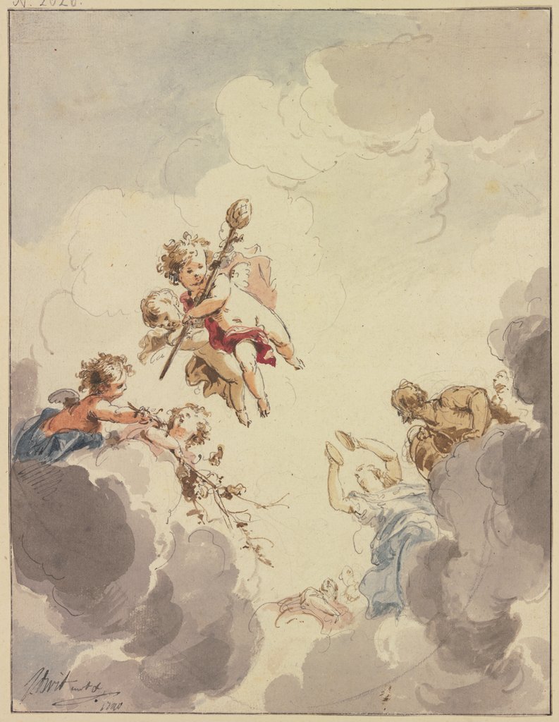 Amoretten mit einem Thyrsusstab und Bacchanten in Wolken, Jacob de Wit