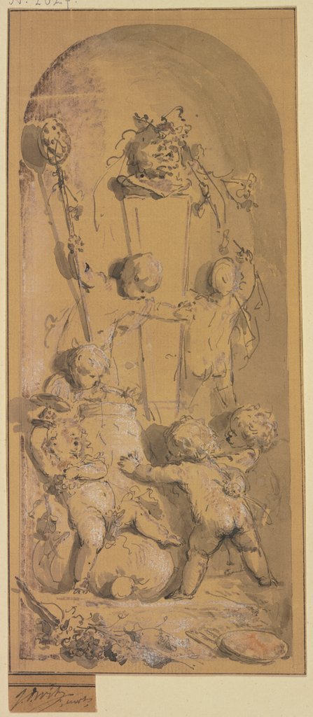 Amoretten schmücken in einer Nische eine Panstatue, Jacob de Wit