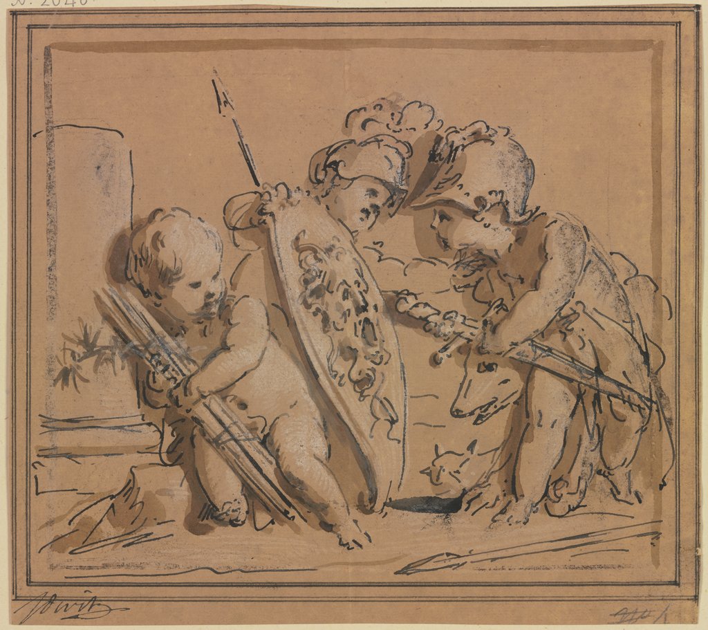 Drei Amoretten, mit Waffen spielend, Jacob de Wit