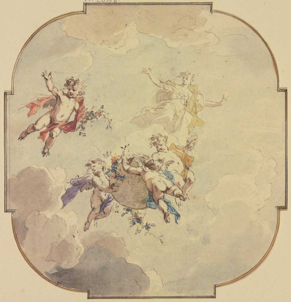 Drei Amoretten tragen einen Blumenkorb, links eine vierte Amorette, im Hintergrund Flora, Jacob de Wit