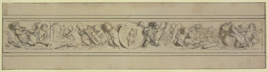 Kinderfries, in der Mitte ein Medaillon mit der Muse der Musik, links liegt ein Knabe, der den Dudelsack bläst, Jacob de Wit