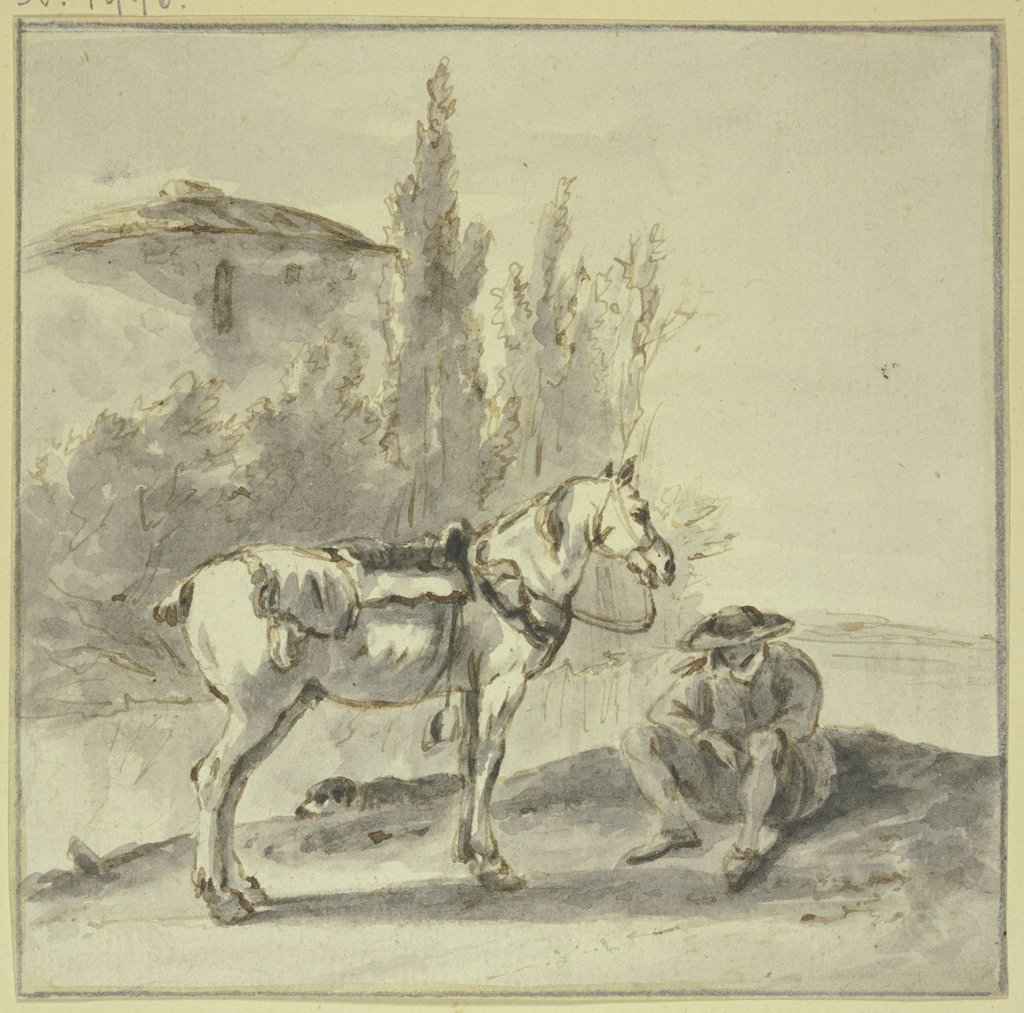 Ein Bauer sitzt bei seinem Pferde, Thomas Wijck;   ?