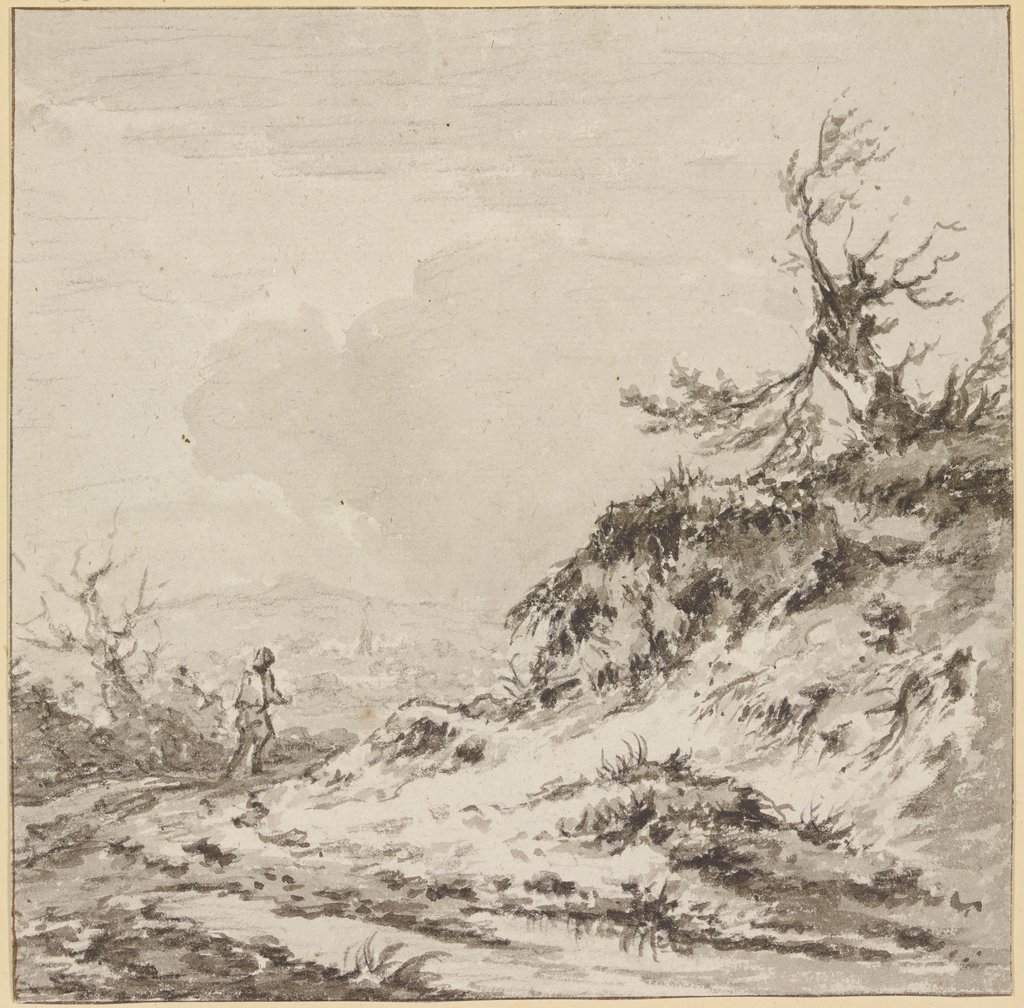 Ein Wanderer auf einem Wege an abgerissenem Terrain, auf welchem ein verkrüppelter Baum steht, Jan Wijnants